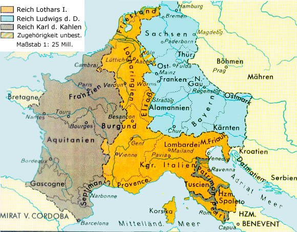Karte der Reichsteilung 843 n. Chr.